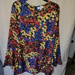 Floral Cascade Long-Sleeve Tunic Red, Yellow & Blue Flowers